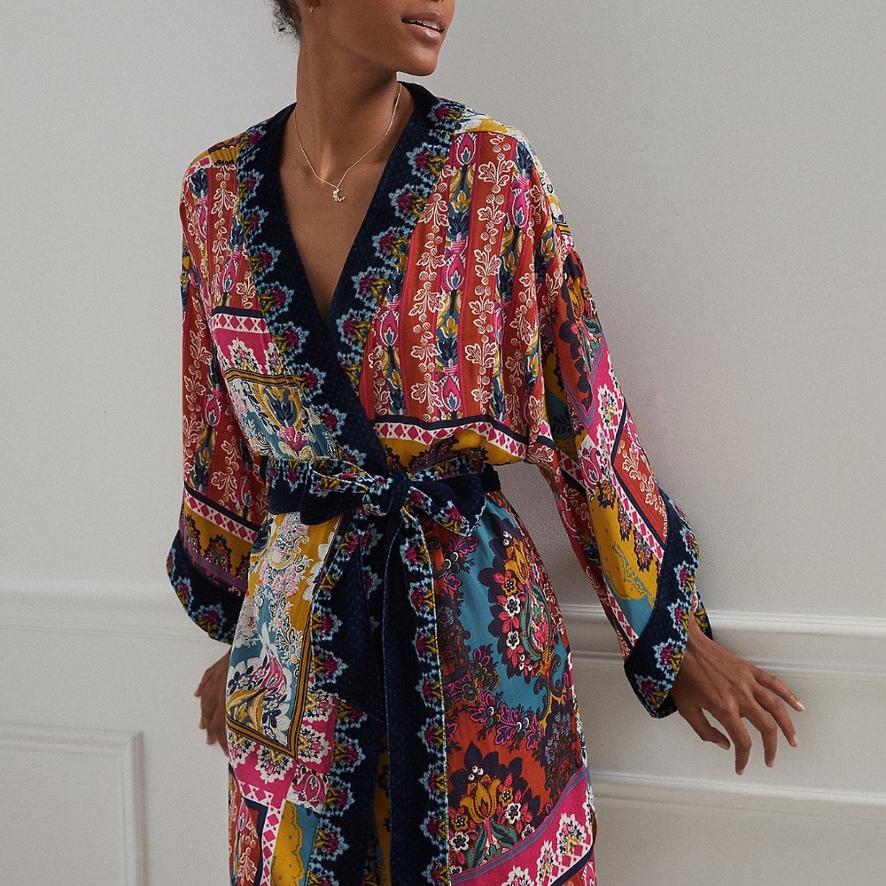 Zadie Robe Velvet Trim & Sash Anthropologie Kimono Floral M/L - Picture 5 of 7
